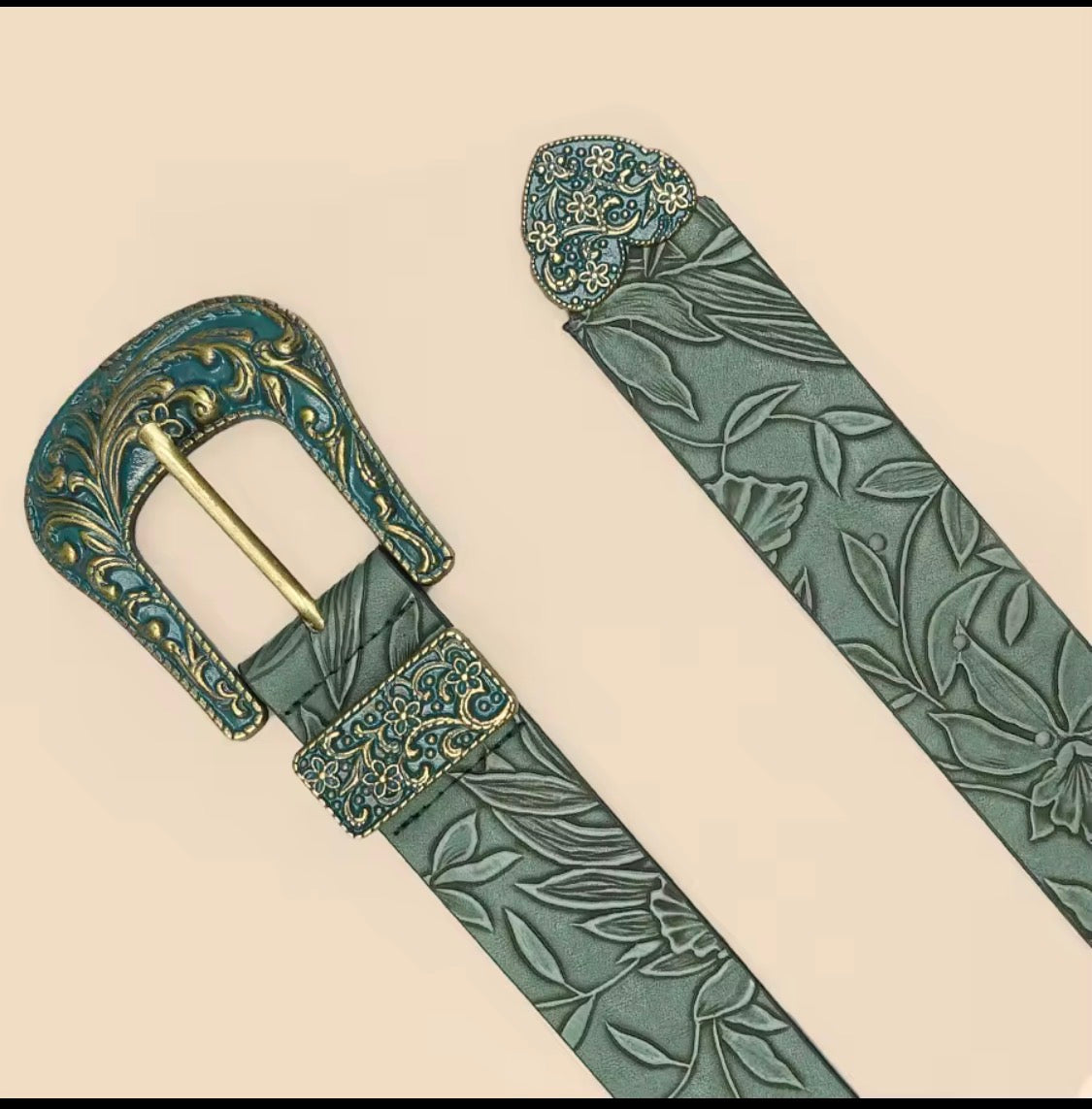Ceinture cuir sculptée verte vintage