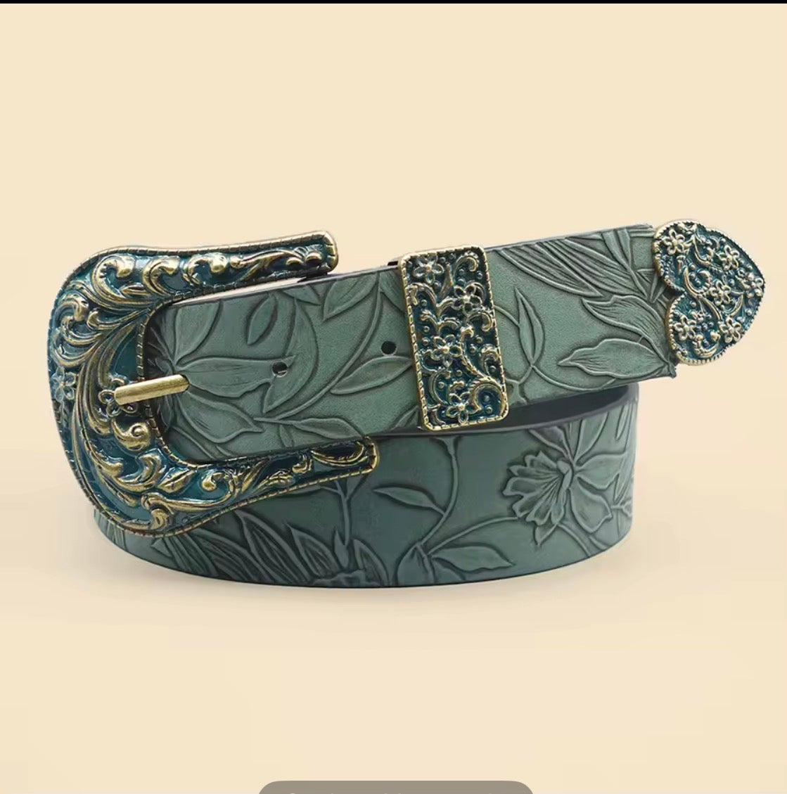 Ceinture cuir sculptée verte vintage