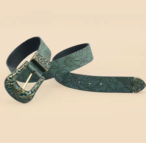 Ceinture cuir sculptée verte vintage