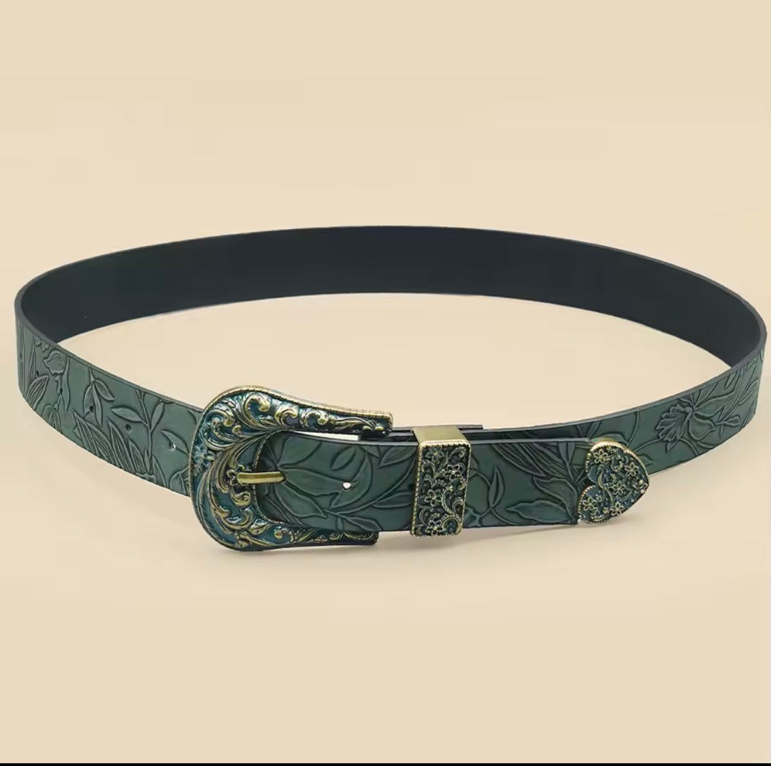 Ceinture cuir sculptée verte vintage